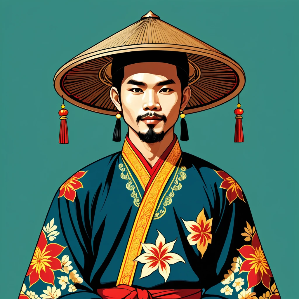 man in vietnamese folk outfit, vector graphics, strong contours