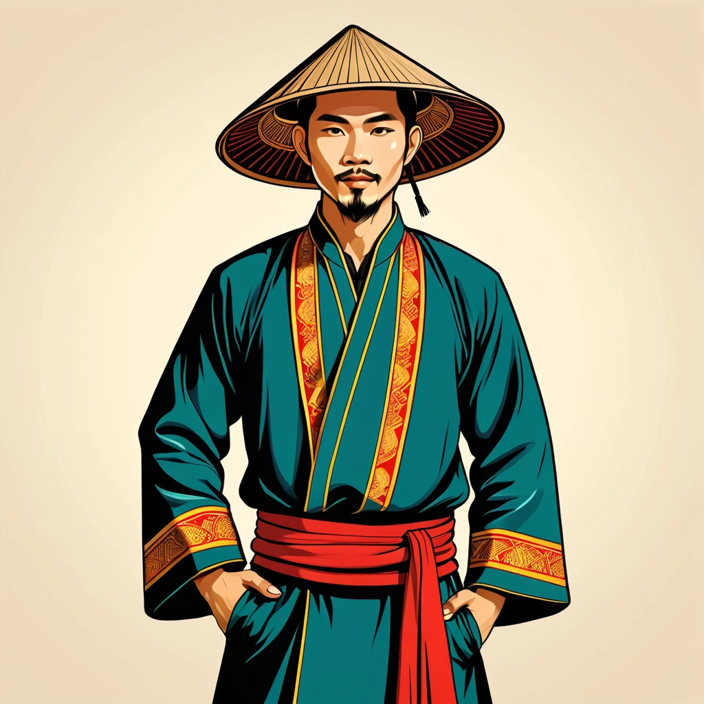 man in vietnamese folk outfit, vector graphics, strong contours
