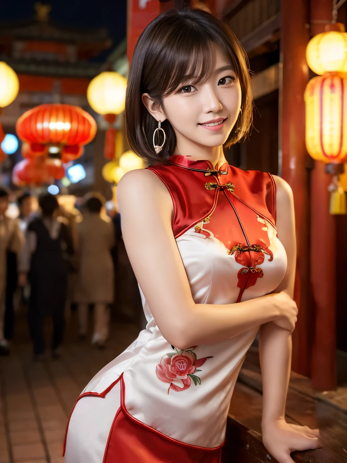 ((red cheongsam),((Highest quality)), Realistic, Very detailed, In detail, ((High resolution)), 8K,((smile)),(cowboy shot)