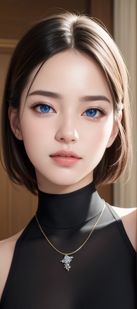 Beautiful big breastokeh), indoors, detailed luxury living room, gentle and charming beautiful goddess, smiling, Korean(kpop-idol), solo, necklace, oval face, double eyelids, smart, good hands, good feet, Natural, (from below angle), (glossy skin:1.05), ((low angle)), Perfect figure, (64k, UHD, RAW photo, best quality, masterpiece:1.4), (realistic, photo-realistic:1.37), ultra high res, photon mapping, radiosity, physically-based rendering, professional soft lighting, blue eyes, black hair
