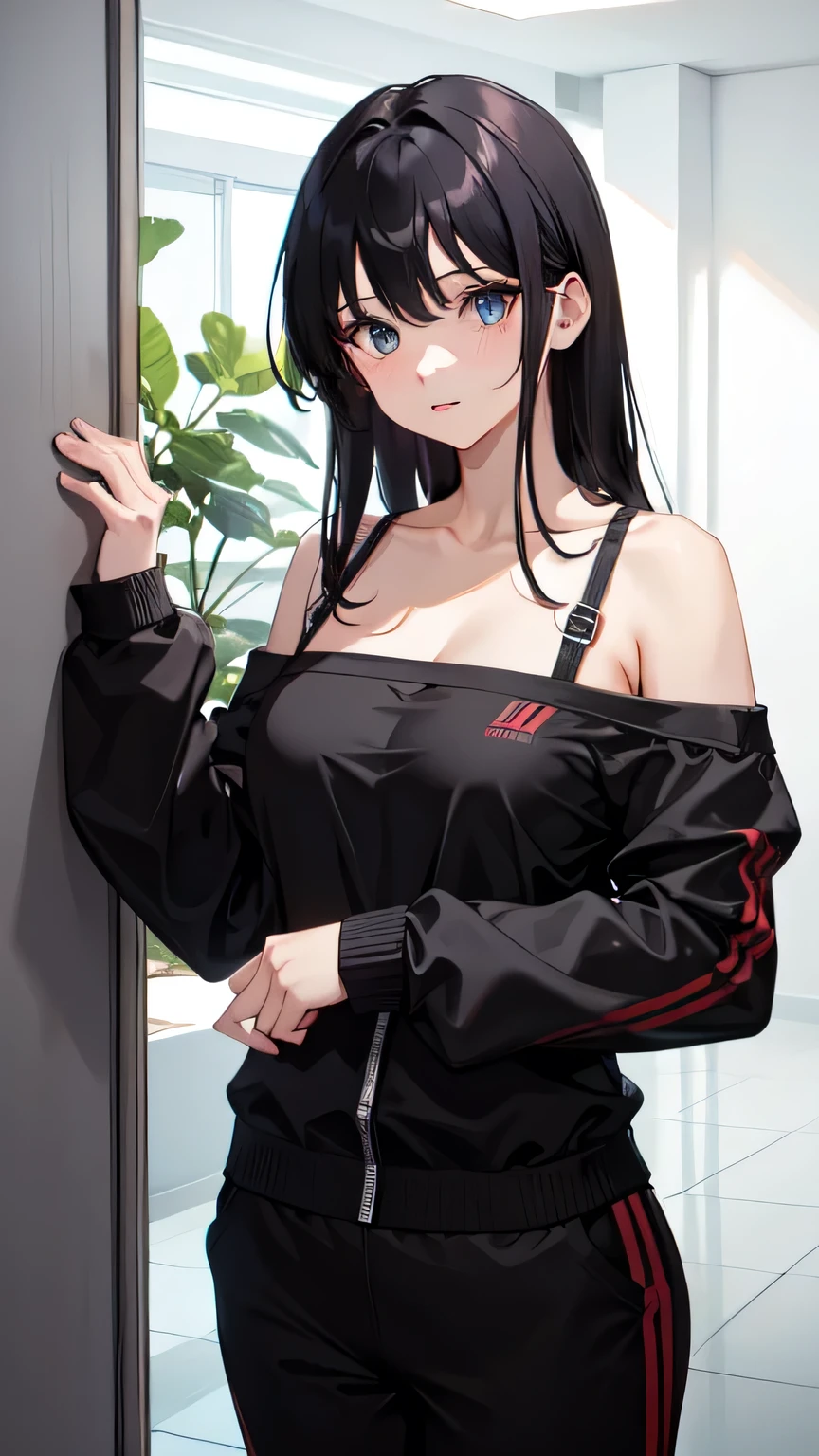 Off-the-shoulder attire，looks into camera，The upper part of the body，Black color hair，cleavage，track suit，sport, sexy pose 