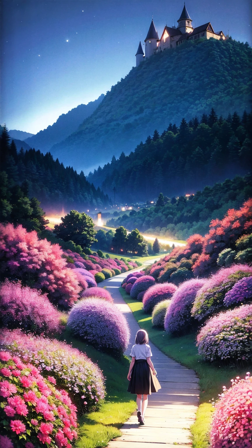 anime-style illustration, A serene landscape featuring a young woman is walking along a path The grassland, glowing flowers, fireflies, magical glow, overlooking mountainous valley and the great castle of the kingdom, strong and clear blue sky with few stars, early morning dark. highly saturated and vibrant style, intense and rich colors vivid. rendered with strong exaggerated colors that enhance the natural beauty.