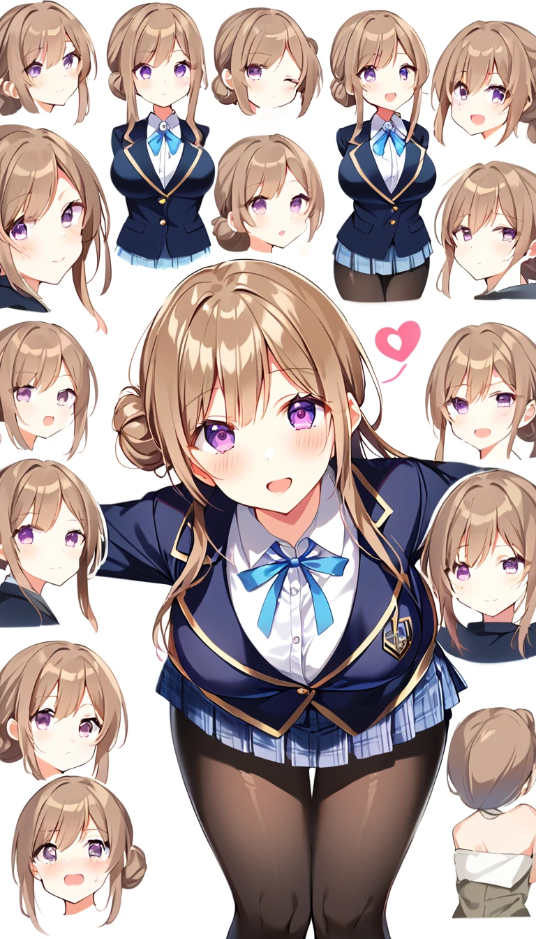 16k,score_9, score_8_up, score_7_up, source_anime, rating_safe,super detailed , himesaki rinami,purple eyes,brown hair,hair bun,long hair, , blazer, blue neck ribbon, pleated skirt, black pantyhose, , (heart eyes),(heart in eyes),spoken heart,very cute,open mouth,dutch angle,big breast ,blush,beautiful face,beautiful eyes,details eyes,white background ,(cleavege),leaning forward