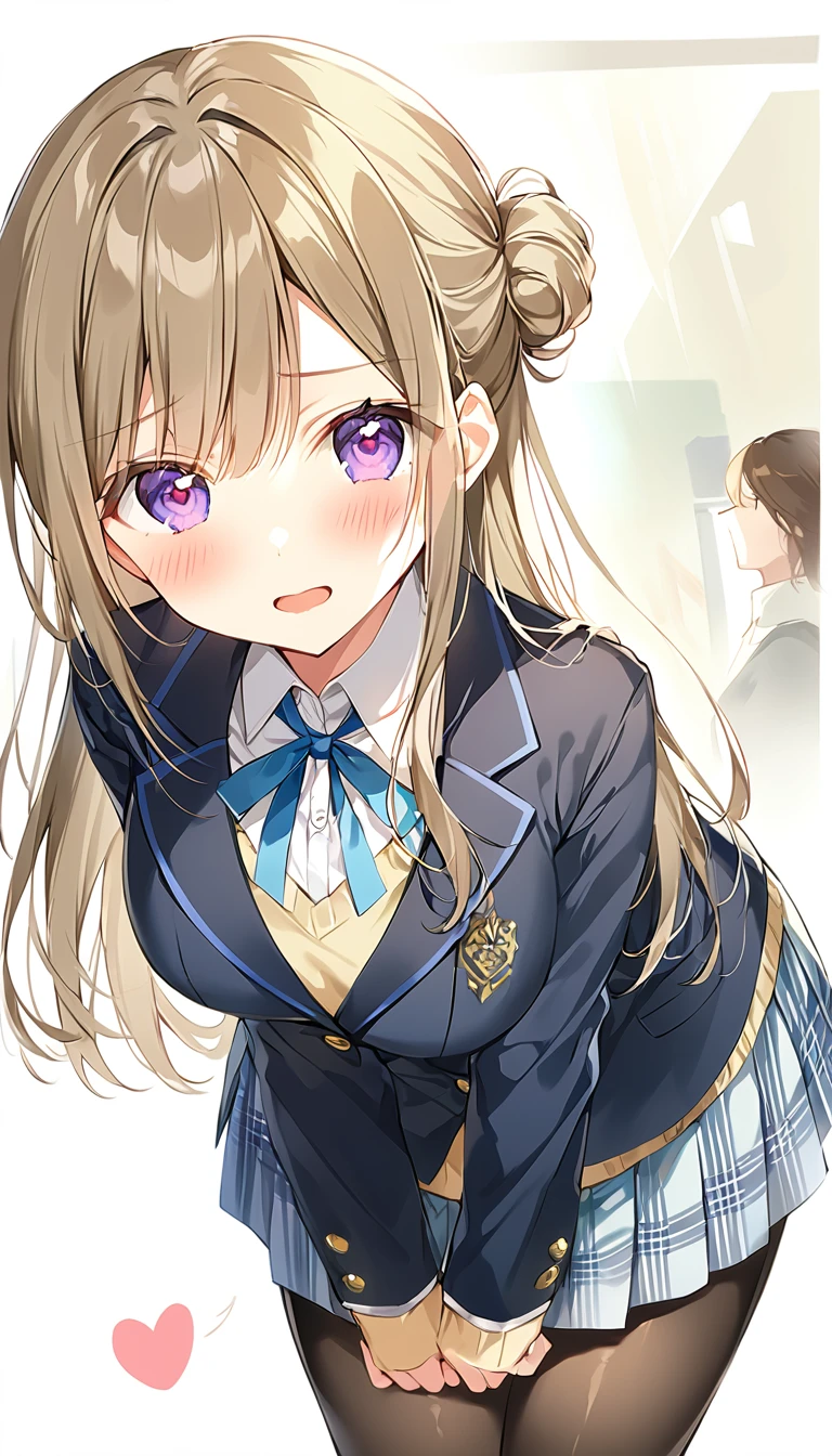 16k,score_9, score_8_up, score_7_up, source_anime, rating_safe,super detailed , himesaki rinami,purple eyes,brown hair,hair bun,long hair, , blazer, blue neck ribbon, pleated skirt, black pantyhose, , (heart eyes),(heart in eyes),spoken heart,very cute,open mouth,dutch angle,big breast ,blush,beautiful face,beautiful eyes,details eyes,white background ,(cleavege),leaning forward 