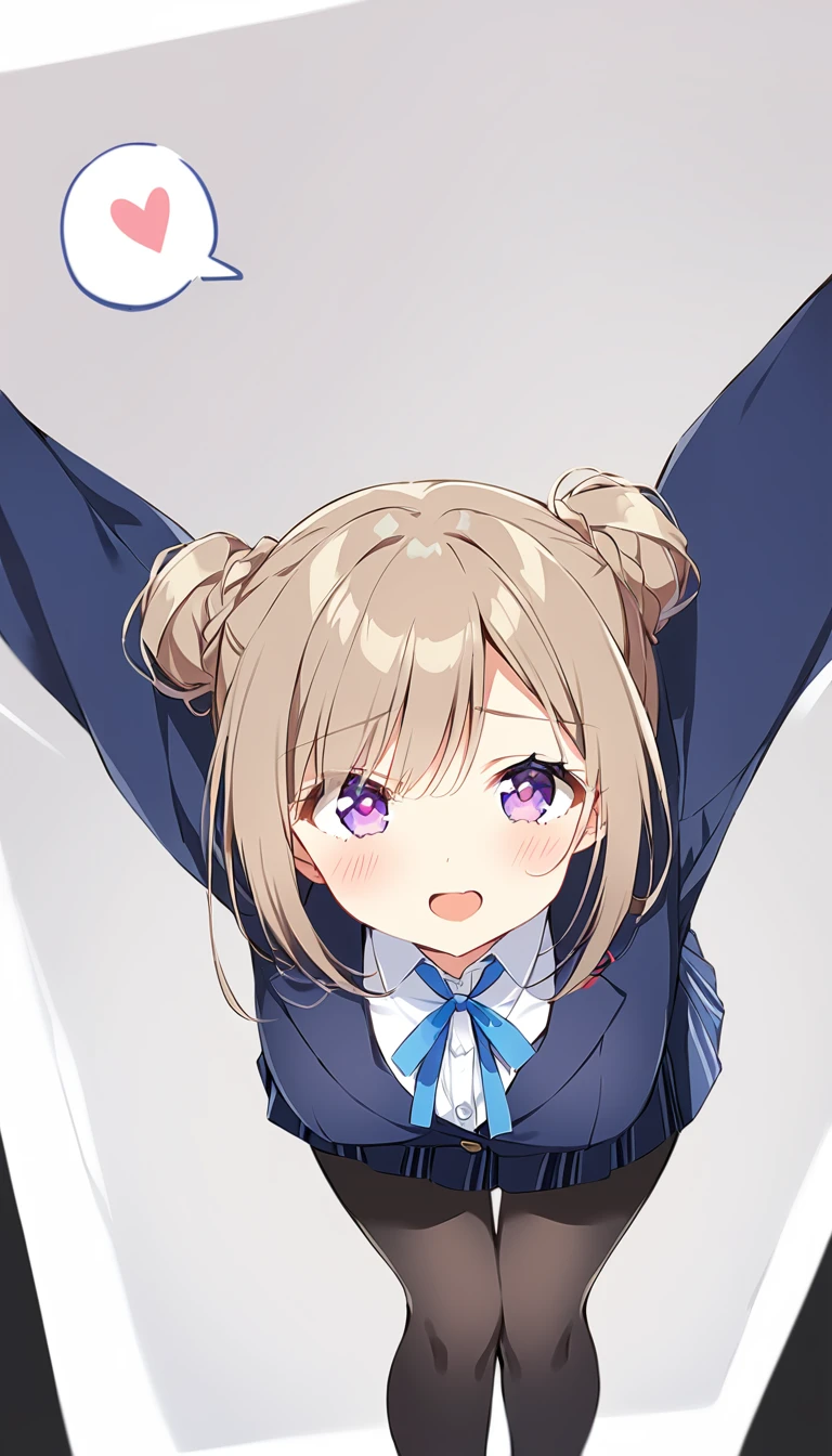 16k,score_9, score_8_up, score_7_up, source_anime, rating_safe,super detailed , himesaki rinami,purple eyes,brown hair,hair bun,long hair, , blazer, blue neck ribbon, pleated skirt, black pantyhose, , (heart eyes),(heart in eyes),spoken heart,very cute,open mouth,dutch angle,big breast ,blush,beautiful face,beautiful eyes,details eyes,white background ,(cleavege),leaning forward