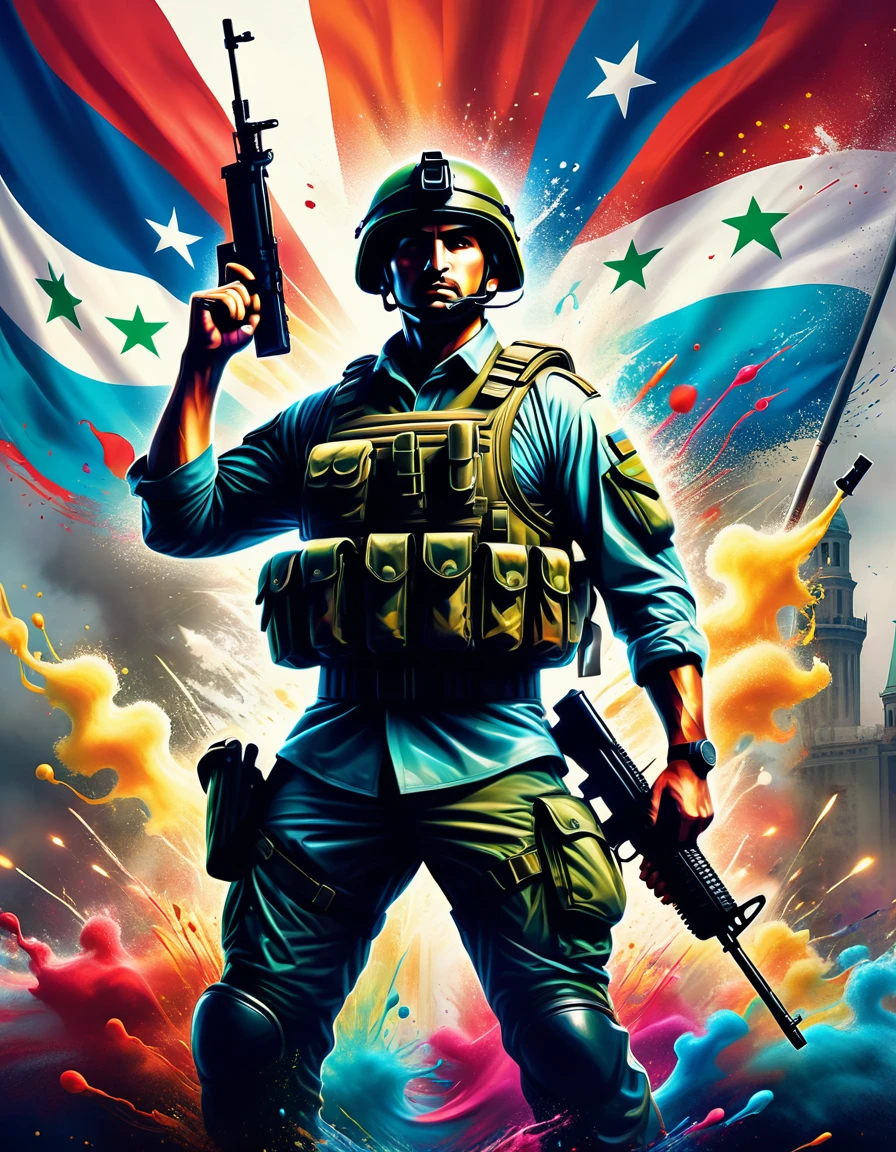 The image depicts a powerful, dynamic illustration of a soldier. The soldier is shown in a heroic pose, holding a rifle and raising his clenched fist. He is wearing military gear, including a helmet and a tactical vest. The background features vibrant splashes of color, creating a dramatic and intense atmosphere.Behind the soldier, the flag of Azerbaijan is prominently displayed, adding a sense of national pride and patriotism to the image. The flag's colors are vivid and stand out against the chaotic background. Additionally, there is a helicopter in the background, adding to the military theme of the image.