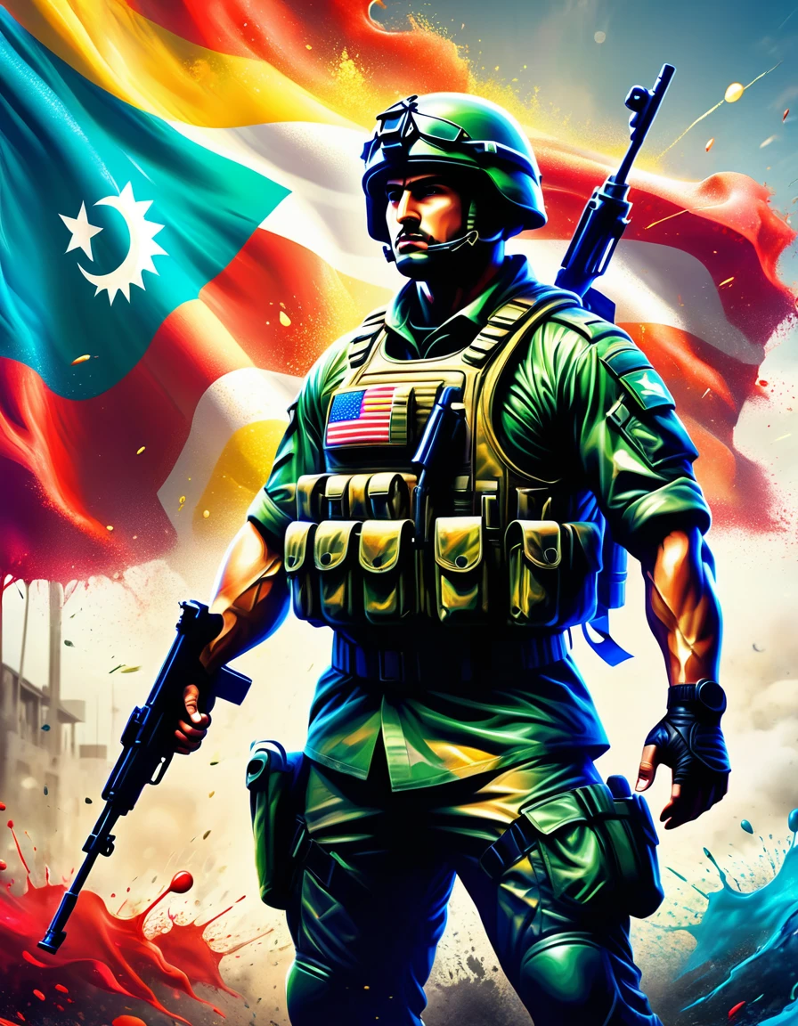 The image depicts a powerful, dynamic illustration of a soldier. The soldier is shown in a heroic pose, holding a rifle and raising his clenched fist. He is wearing military gear, including a helmet and a tactical vest. The background features vibrant splashes of color, creating a dramatic and intense atmosphere.Behind the soldier, the flag of Azerbaijan is prominently displayed, adding a sense of national pride and patriotism to the image. The flag's colors are vivid and stand out against the chaotic background. Additionally, there is a helicopter in the background, adding to the military theme of the image.