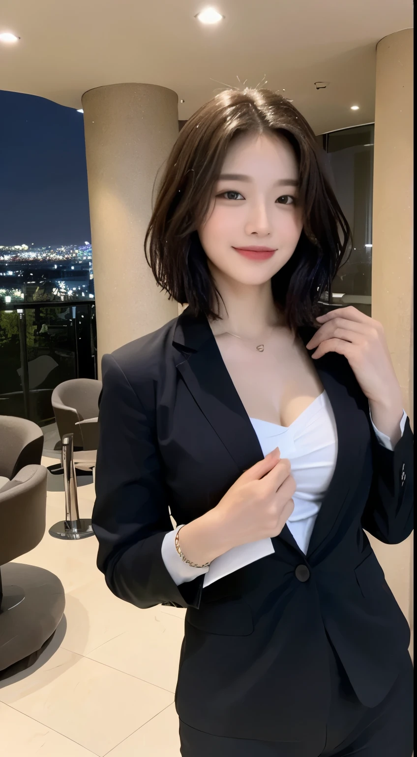 ((Top Quality, 8K, Masterpiece: 1.3)), Focus: 1.2, Perfect Body Beauty: 1.6, Ass: 1.3, ((Layered Haircut, Chest: 1.2)), (Wet Clothes: 1.1), (Night, Hotel: 1.3), business suit: 1.1, Highly Detailed Face and Skin Texture, Narrow Eyes, Double Eyelids, Whitening Skin, Long Hair, (Shut Up: 1.3), Smile