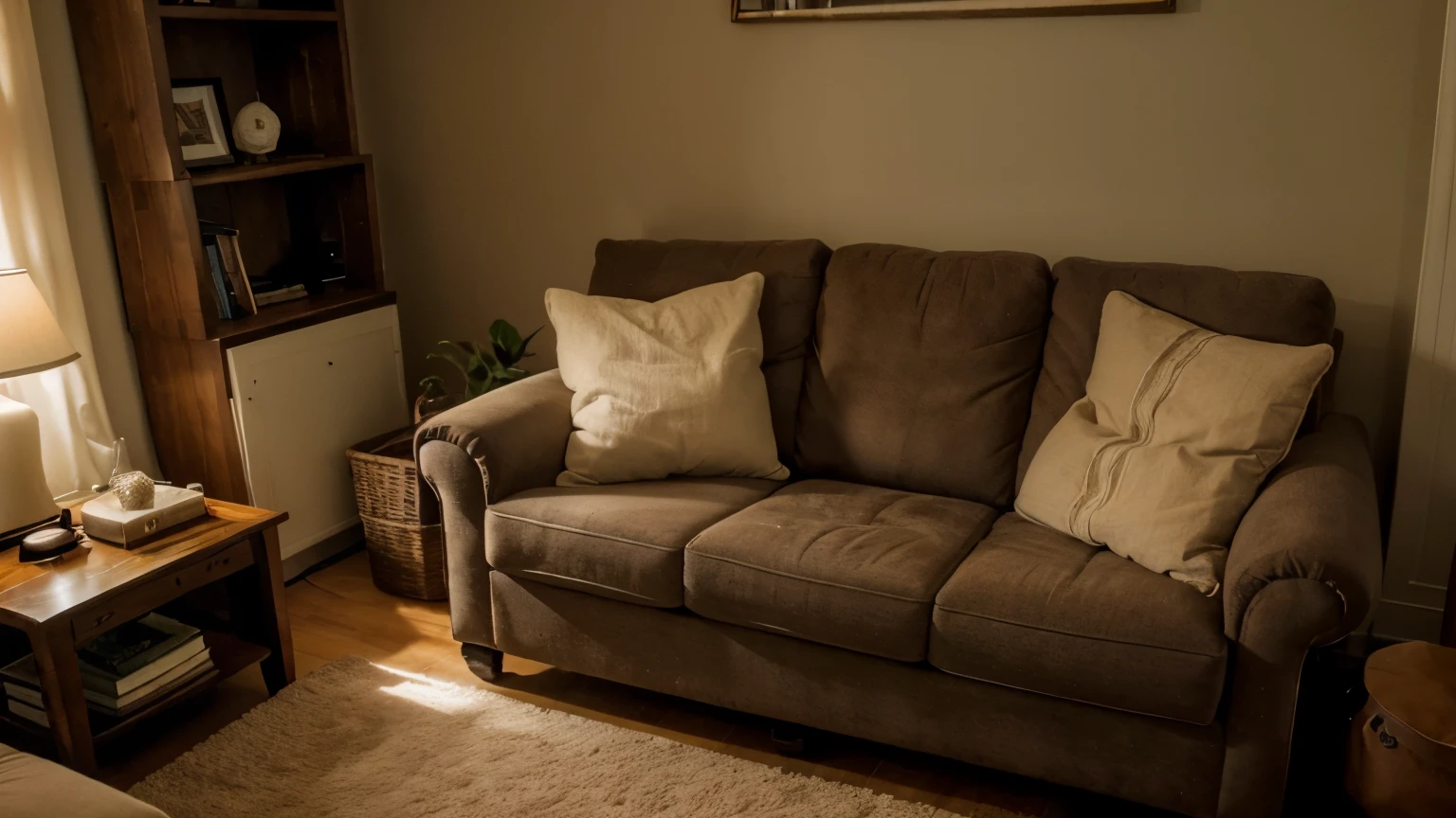 A cozy and inviting living room photo featuring a plush, comfortable night sofa in front. The room is adorned with one warm lighting in one corner, and a bookshelf filled
with an eclectic mix of books in the other corner of the room, and a rustic wooden coffee table with a huge popcorn basket full of popcorn in one side of the table. The overall ambiance of the room is relaxed and comforting, creating an atmosphere perfect for unwinding and contentment. hyperrealistic