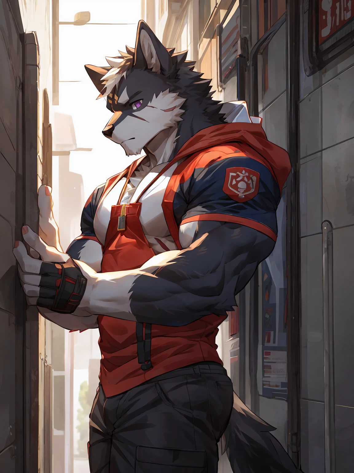 embedding:black wolf, male,purple eyes,Scar on the face, scar on the body,Single person,deliveryman,Standing outside the door,In the corridors of modern buildings,Robust,Look down on people,Indifference,Contempt,With the express box in his hand,The highest quality of scene detail,adult,Tall and powerful,muscle,Best quality hands, best quality eye,detailed fur,Delicate eyes.Extreme picture quality,by sollyz,by zixiong,by milkytiger1145