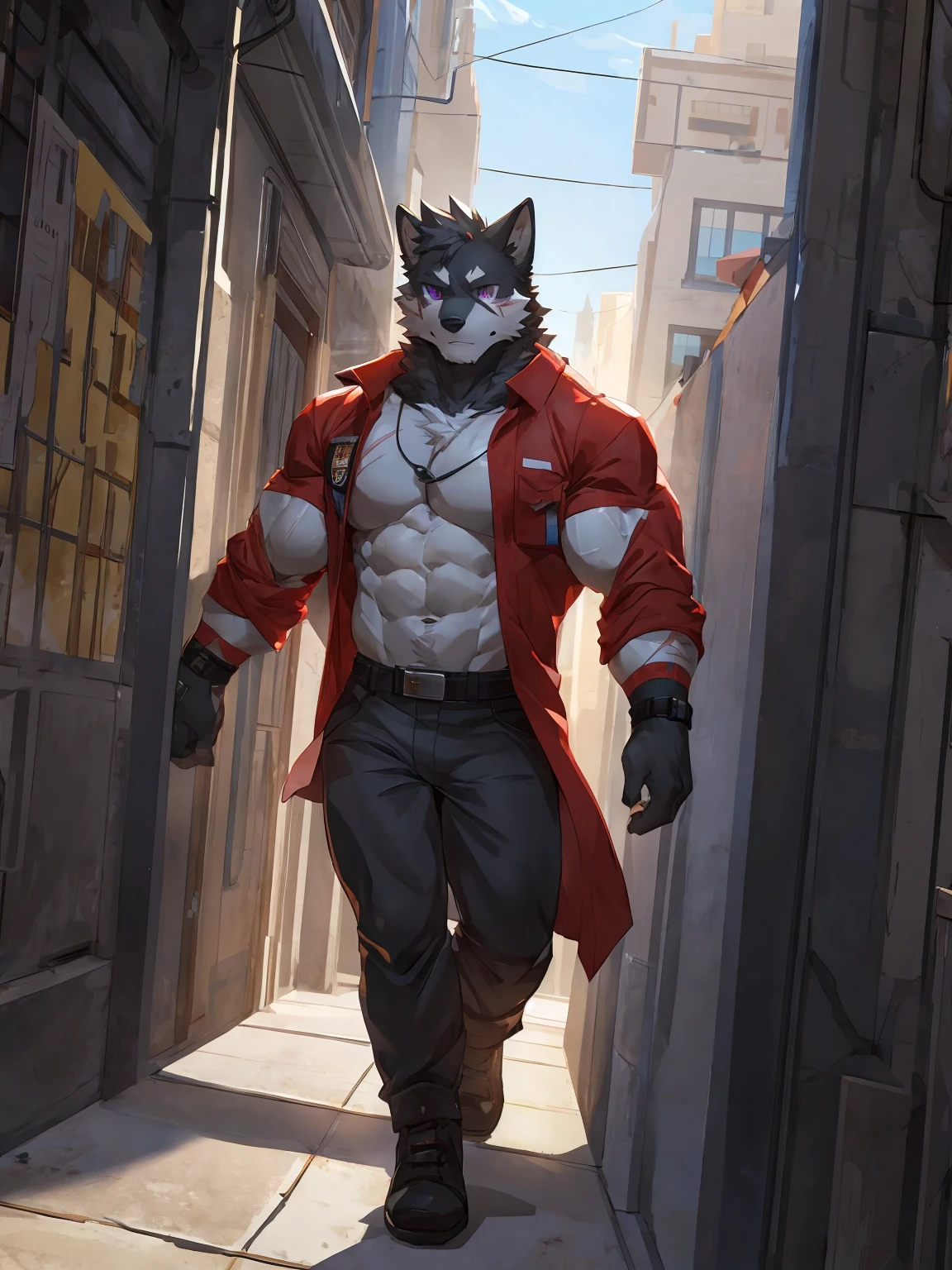 embedding:black wolf, male,purple eyes,Scar on the face, scar on the body,Single person,deliveryman,Standing outside the door,In the corridors of modern buildings,Robust,Look down on people,Indifference,Contempt,With the express box in his hand,The highest quality of scene detail,adult,Tall and powerful,muscle,Best quality hands, best quality eye,detailed fur,Delicate eyes.Extreme picture quality,by sollyz,by zixiong,by milkytiger1145