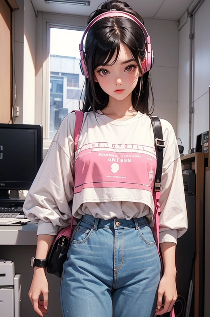 Street fashion girl Headphones LOFI Retro Stylish 1980s Inside the room coffee computer