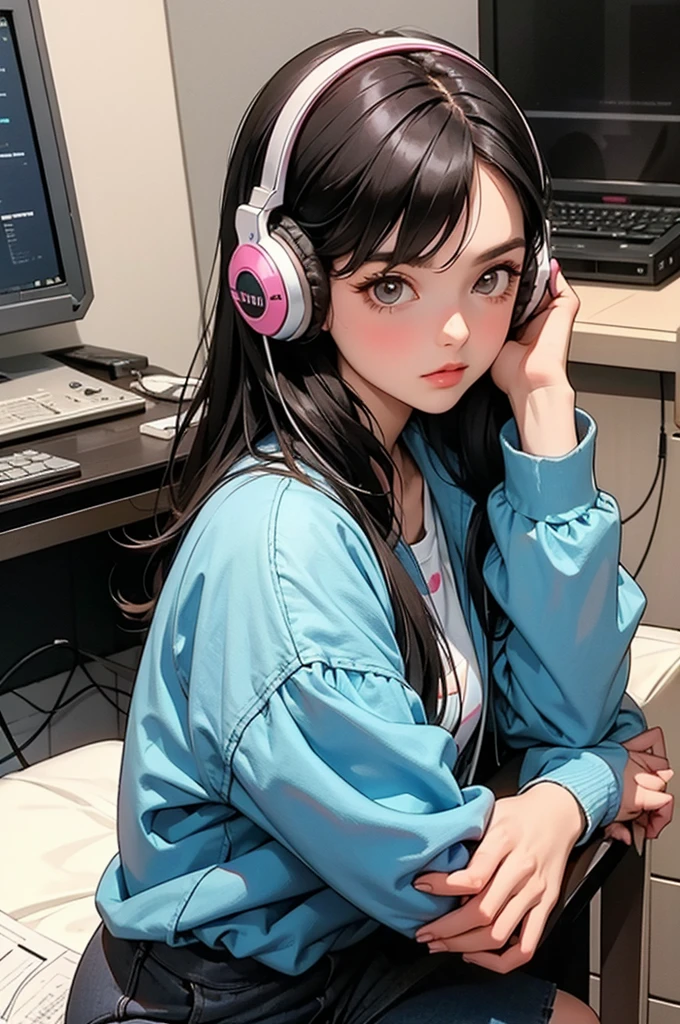 Street fashion girl Headphones LOFI Retro Stylish 1980s Inside the room coffee computer