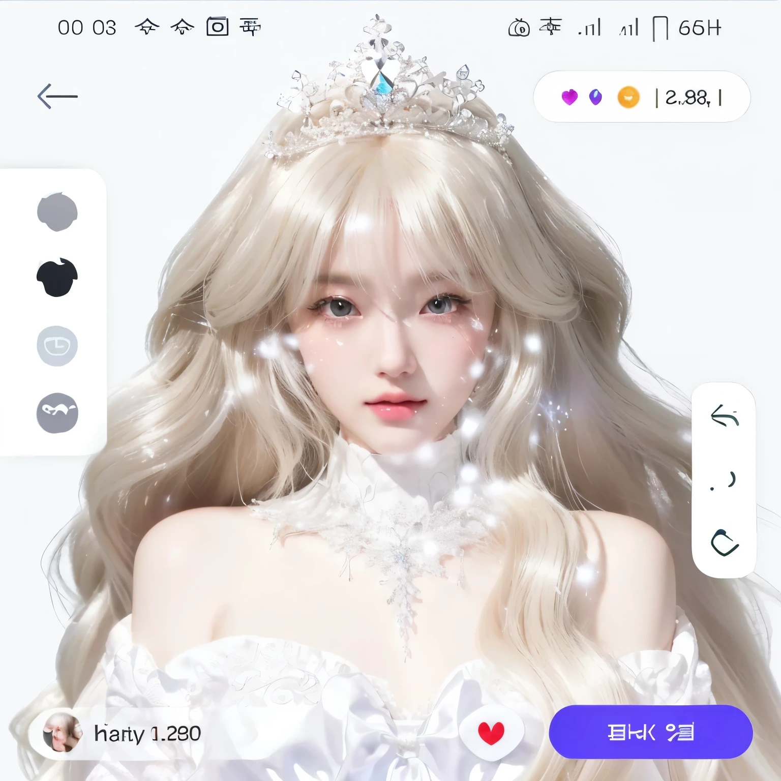 a close up of a girl with long blonde hair wearing a tiable, inspired by Sim Sa-jeong, 4k hd. snow white hair, kawaii realistic portrait, long glowing ethereal hair, 8k)), detailed white long hair, with very highly detailed face, anime barbie in white, lineless, ultra realistic fantasy tiara, pale snow white skin