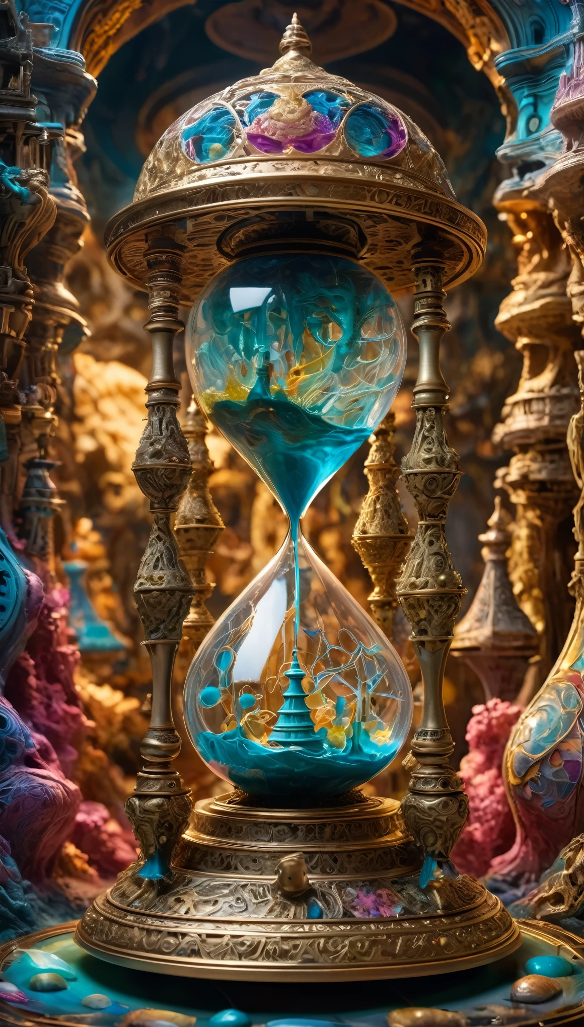 (Surreal, complex, Ultra-high resolution masterpiece), (Colorful 3D printed art), (A Closer Look at Zoogs:1.5), (A mythical realm where time stands still, Hourglass floating，The ancient bell is still.), (light, shining, complex details, Patchwork:1.25), (high quality, Very detailed, Clear focus, 8K Ultra HD, Masterpiece Art)