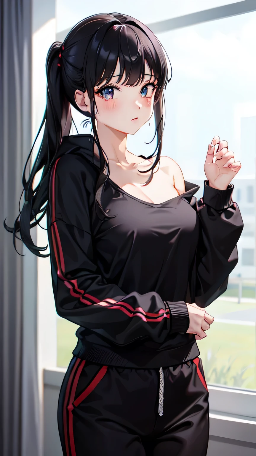 Off-the-shoulder attire,looks into camera,The upper part of the body,Black color hair,cleavage,track suit,sport, sexy pose