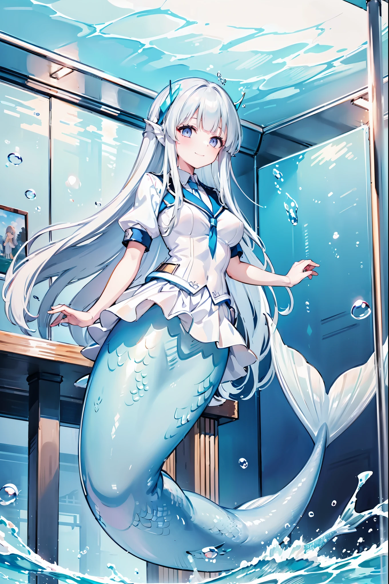 masterpiece, best quality,A girl,White long hair,blue eyes,solo,Large Breasts,Mermaid,白色的Mermaid尾巴,school uniform,full-body shot, (In the water:1.2), (bubble:1.3), Inside the train, (Surreal:1.2),Blurred foreground,Looking at the audience,Smile