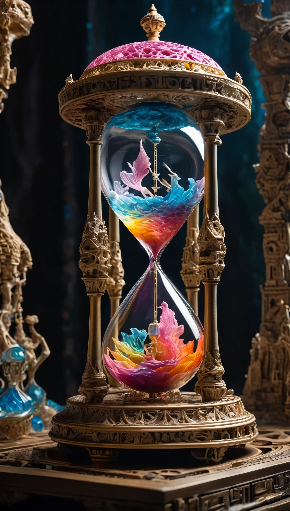 (Surreal, complex, Ultra-high resolution masterpiece), (Colorful 3D printed art), (A Closer Look at Zoogs:1.5), (A mythical realm where time stands still, Hourglass floating，The ancient bell is still.), (light, shining, complex details, Patchwork:1.25), (high quality, Very detailed, Clear focus, 8K Ultra HD, Masterpiece Art)