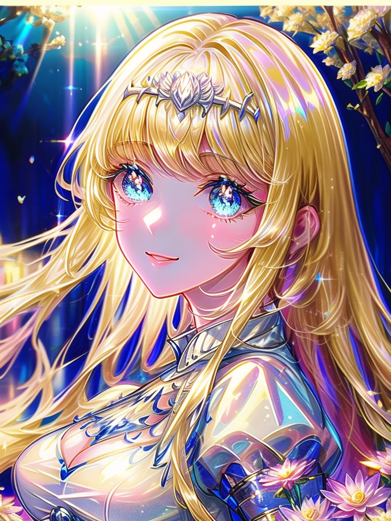 (​masterpiece、8K、top-quality)、(Soft light:1.5), Detailed face, Detailed eyes, beautiful digital works of art, landscape, palatial palace, Back Light, Many flowers, forest, Smile, , spark,  1girl,solo, calca, blonde hair, ,( extremely long hair), very long hair, extra long hair, white tiara, white dress, blue eyes,Calca Bessarez, medium breast,Calca,