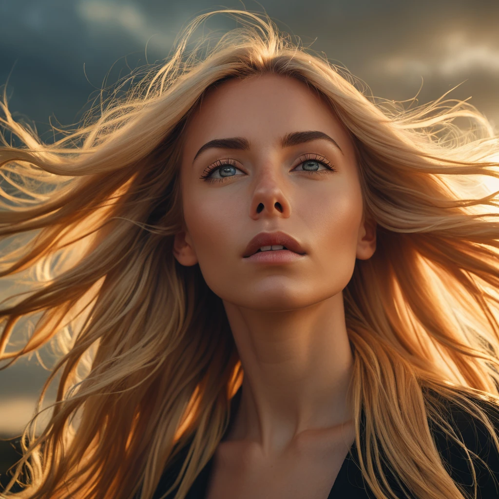 a character photo portrait of a woman with bright blonde hair, tonalism, backlit portrait, portrait, dramatic light on face, strong backlighting, looking straight up at sky, long flowing hair, hair blowing in wind
