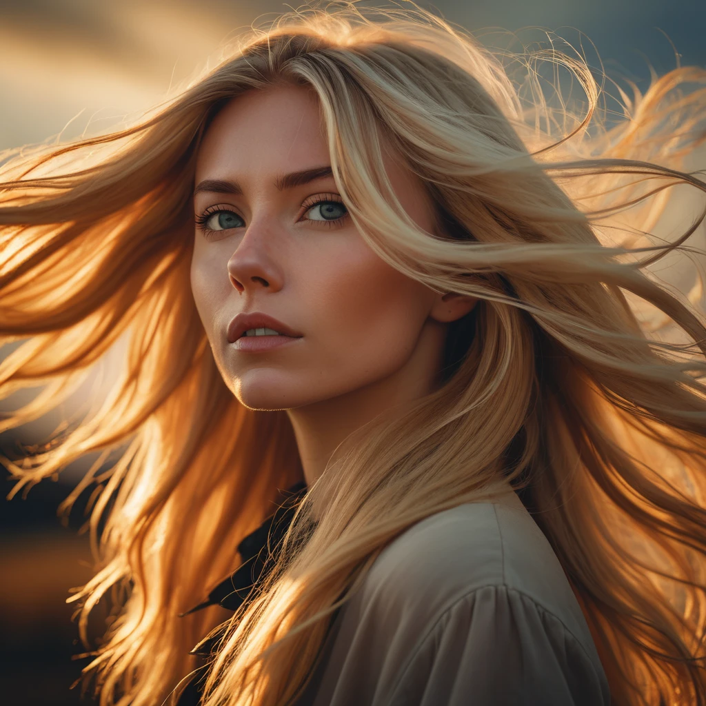 a character photo portrait of a woman with bright blonde hair, tonalism, backlit portrait, portrait, dramatic light on face, strong backlighting, looking straight up at sky, long flowing hair, hair blowing in wind