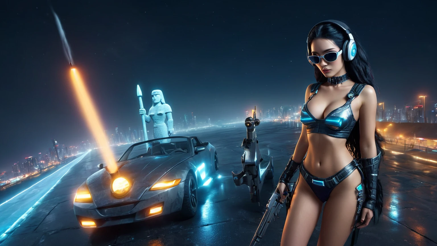 At night, dark sky, distant shot aerial view of fantasy cyberpunk style ice ((Moai-statue)) city, ((flying car)). ((1girl, solo, alone)), medium-breast:1.1 slim body, cleavage, sexy clothes, (headphone, black sunglasses, long black realistic hair), (((hip-up standing and holding pistol))), half-body thigh level medium shot, cinematic lighting.