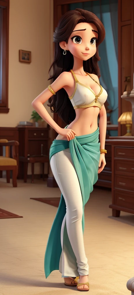 Skinny girl with thin arms thin waist ,beautiful face ,huge breasts in saree ( lower waist) (whiten skin)