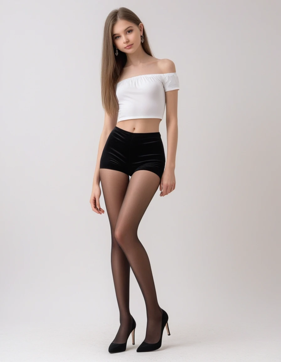 front view, black pubic hair, beautiful, completely naked Ukrainian very skinny girl , bare thighs, in light bardot top, in black hosiery, earrings, white background, stand in suede white color shoes heel, photorealistic