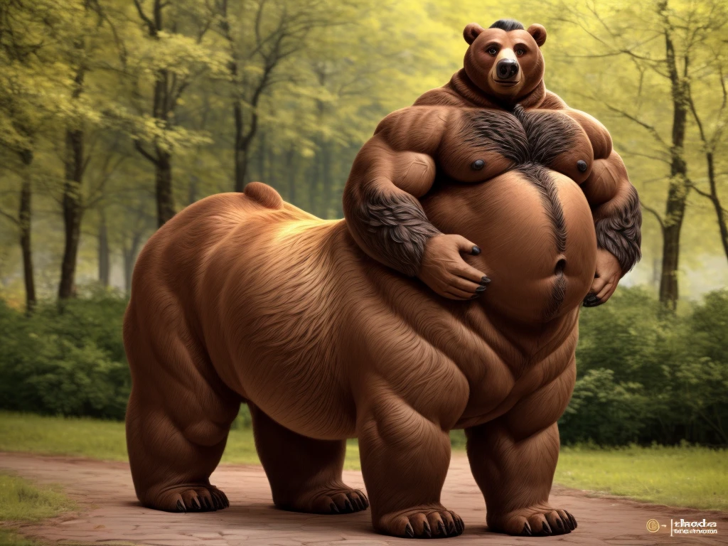 furry, fur taur, beartaur, middle-age, solo, detailed face, bear ears, bear eyes(brown), bear nose(black), bear mouth, garibaldi beard(white), mature hair(white), detailed arms, thick arms, muscular, thick hands(5 fingers), detailed body belly, thick body, muscle belly(white), thick chest, chest hair(black), detailed taur body, thick taur body, thick bear paws, thick bear tail, full body shot, standing on the park