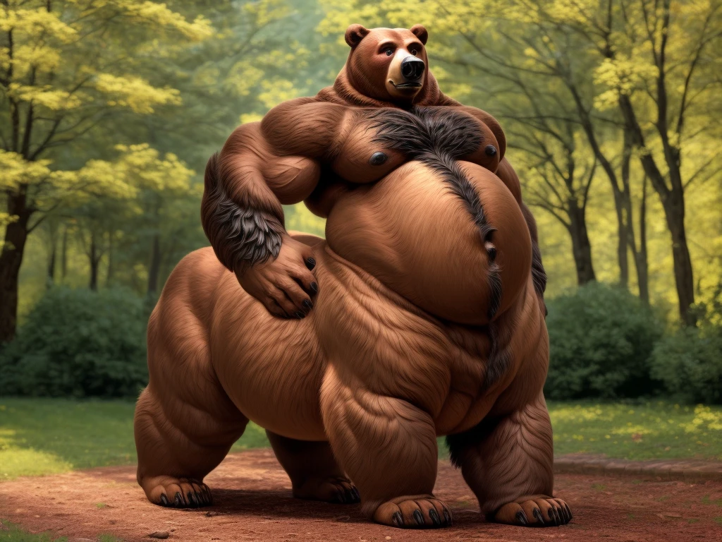 furry, fur taur, beartaur, middle-age, solo, detailed face, bear ears, bear eyes(brown), bear nose(black), bear mouth, garibaldi beard(white), mature hair(white), detailed arms, thick arms, muscular, thick hands(5 fingers), detailed body belly, thick body, muscle belly(white), thick chest, chest hair(black), detailed taur body, thick taur body, thick bear paws, thick bear tail, full body shot, standing on the park