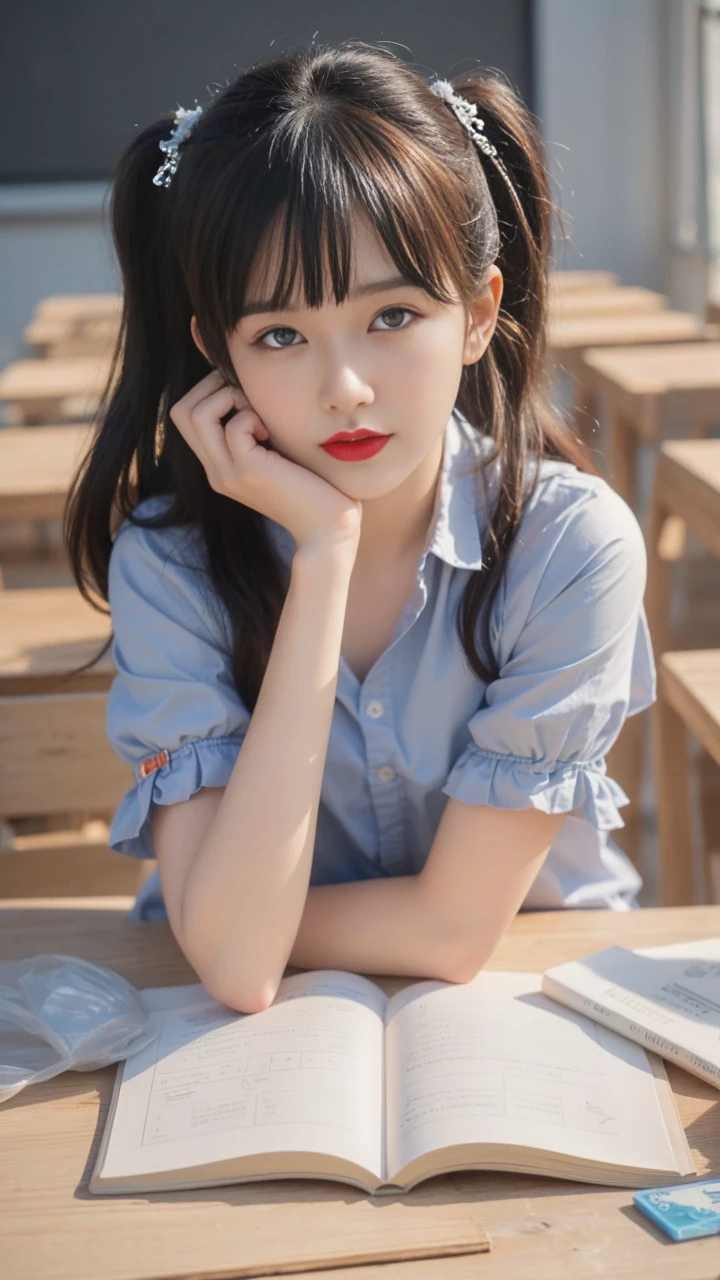 best quality, tmasterpiece,Ultra-high resolution,Clear face,(Reality:1.4),ferpect lighting,(upper body shot), (photorealistic:1.50), anime wallpaper, Guviz style artwork, cover-up fantasy up to magic , by Yang J, Guviz, beautiful artwork illustration, beautiful digital artwork, beautiful digital illustration, Li Song, beautiful anime portrait, art style in Beauvot, Lips wear thick red lipstick