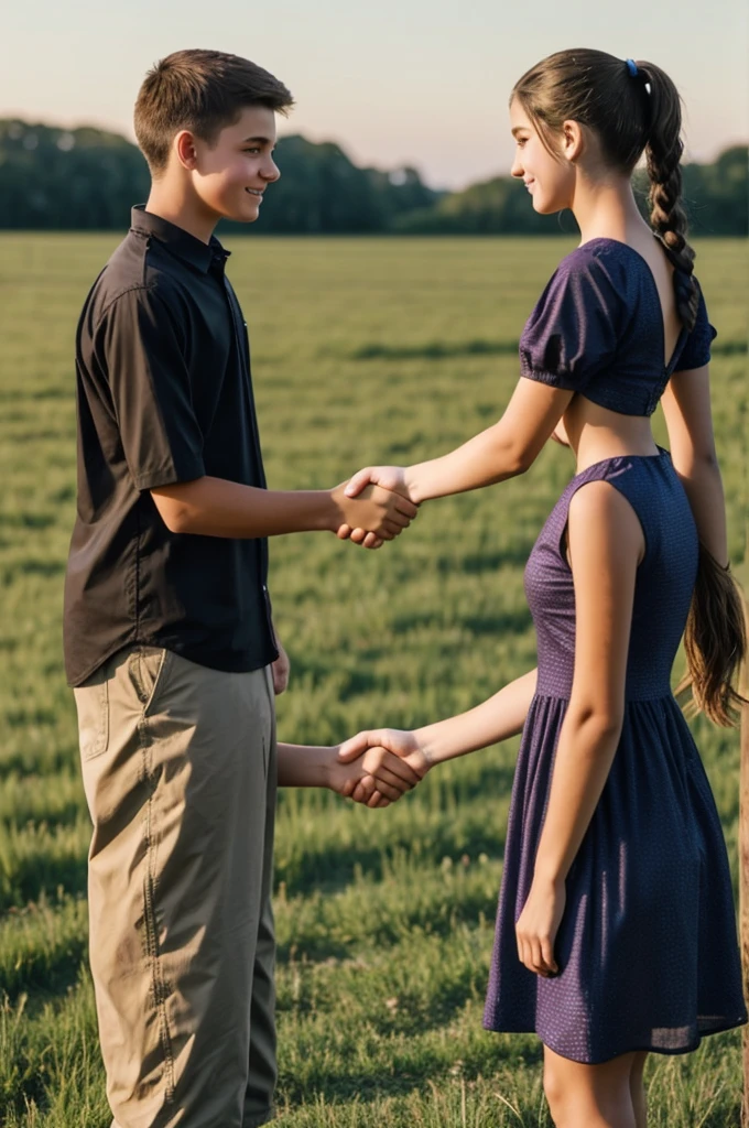 2 teenagers greeting each other in the field, one the teenage girl is dressed in a dress And she has a ponytail The boy has short hair And they shake your hand