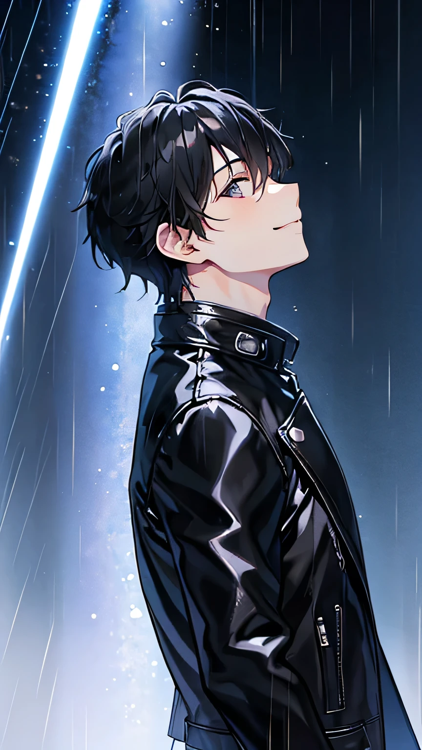 Highest quality、Young man looking up at the sky、smile、Rain is sleeping under the roof of the building、rain、Wearing a black leather jacket、Black Hair、1 male