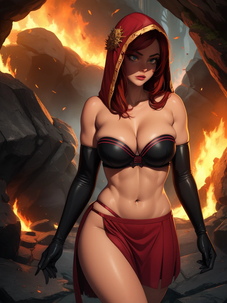 Dsorceress, redhair, shadowy face,dark cave, fire, hood, shadowed face, strapless bra, slim and athletic body, miniskirt, no panty, elbow gloves, dark skin, 1 girl (insanely detailed, masterpiece, best quality)