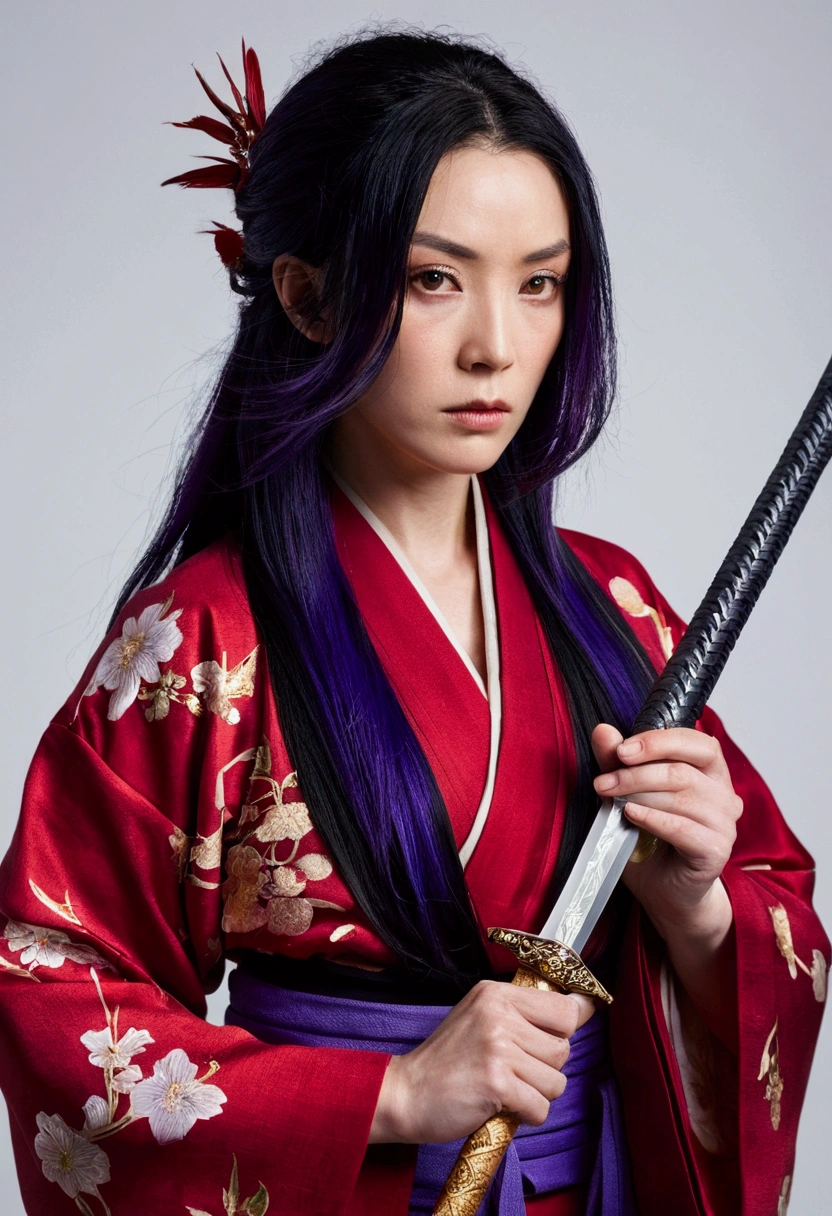 A woman in a red and black kimono,has dark purple hair,His face is serious,Iris,He holds the hilt of a sword that radiates watery energy..