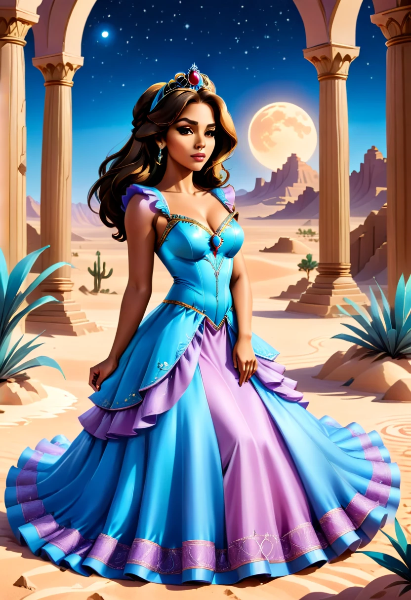 Arafed picture of a desert princess BREAK and her pet cougar in her palace high details, best quality, 16k, f a female human princess and her pet cougar, princess of the desert, full body, ((anatomically correct: 1.5)) ((standing: 1.5)) proudly royalty demeanor, a woman, (best detailed face: 1.5), Ultra Detailed face, wearing royal desert dress, Arab design, decorated with gems, small cleavage, thigh high intricate leather high heeled boot, thick hair, long hair, brown hair, tan skin intense brown eyes, her desert large cougar lying at her feet, guarding her, an epic fantasy desert palace in an oasis in the background (intricate details, Masterpiece, best quality: 1.5) night, moon light, stars  ,Wide-Angle, award winning, best quality, high quality, high details, highres, vibrant, Ultra-high resolution, High Contrast, (masterpiece:1.5), highest quality, Best aesthetics, best details, best quality, highres, ultra wide angle, 16k, [ultra detailed], masterpiece, best quality, chumbasket art style, high heels, thighhighs, princess dress