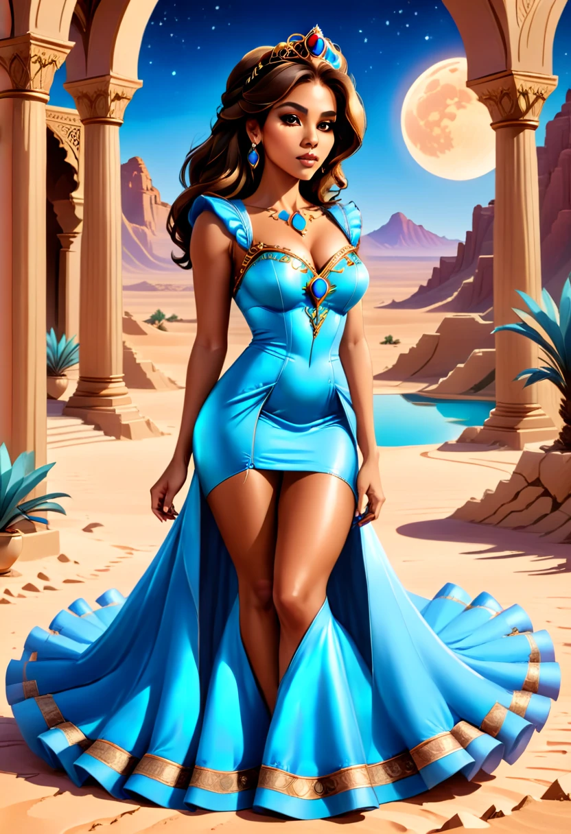 Arafed picture of a desert princess BREAK and her pet cougar in her palace high details, best quality, 16k, f a female human princess and her pet cougar, princess of the desert, full body, ((anatomically correct: 1.5)) ((standing: 1.5)) proudly royalty demeanor, a woman, (best detailed face: 1.5), Ultra Detailed face, wearing royal desert dress, Arab design, decorated with gems, small cleavage, thigh high intricate leather high heeled boot, thick hair, long hair, brown hair, tan skin intense brown eyes, her desert large cougar lying at her feet, guarding her, an epic fantasy desert palace in an oasis in the background (intricate details, Masterpiece, best quality: 1.5) night, moon light, stars  ,Wide-Angle, award winning, best quality, high quality, high details, highres, vibrant, Ultra-high resolution, High Contrast, (masterpiece:1.5), highest quality, Best aesthetics, best details, best quality, highres, ultra wide angle, 16k, [ultra detailed], masterpiece, best quality, chumbasket art style, high heels, thighhighs, princess dress