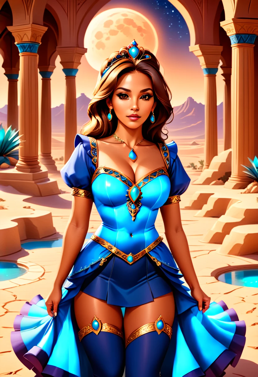 Arafed picture of a desert princess BREAK and her pet cougar in her palace high details, best quality, 16k, f a female human princess and her pet cougar, princess of the desert, full body, ((anatomically correct: 1.5)) ((standing: 1.5)) proudly royalty demeanor, a woman, (best detailed face: 1.5), Ultra Detailed face, wearing royal desert dress, Arab design, decorated with gems, small cleavage, thigh high intricate leather high heeled boot, thick hair, long hair, brown hair, tan skin intense brown eyes, her desert large cougar lying at her feet, guarding her, an epic fantasy desert palace in an oasis in the background (intricate details, Masterpiece, best quality: 1.5) night, moon light, stars  ,Wide-Angle, award winning, best quality, high quality, high details, highres, vibrant, Ultra-high resolution, High Contrast, (masterpiece:1.5), highest quality, Best aesthetics, best details, best quality, highres, ultra wide angle, 16k, [ultra detailed], masterpiece, best quality, chumbasket art style, high heels, thighhighs, princess dress