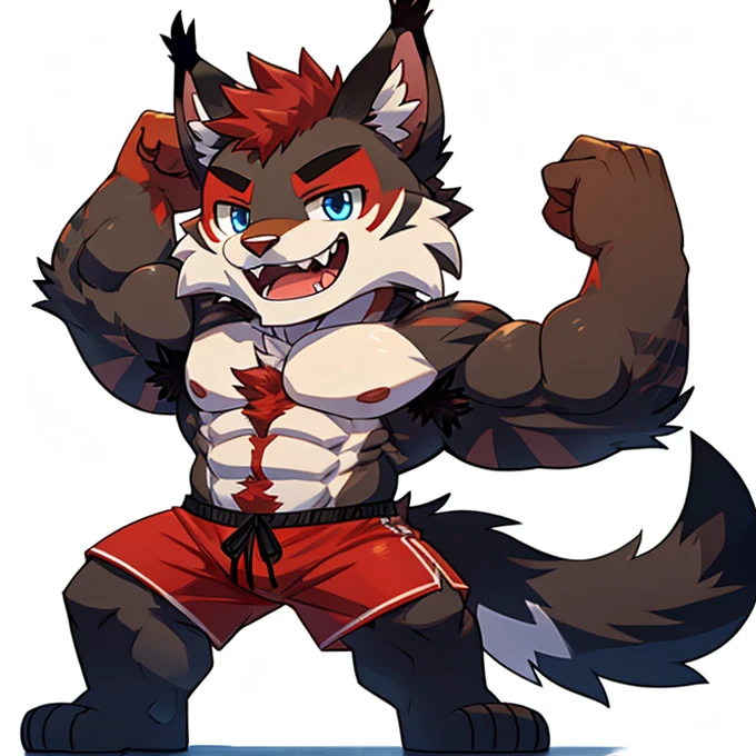 ((Furry lynx cat)), ((chibi)), body fully covered in black fur, ((fully covered in black fur)), ((black fur)), sharp fangs, sharp teeth, summer shorts outfit, cute, blue eyes, red chest hair, red eyebrows, red armpit hair, black nose, black tail, black tail with red tip, red whiskers, happy, smile, correct Anatomy, correct hand, ((white background)), (Acting happy), (hands up), enjoy, ((front view)), full body, sexy, (flexing), (muscle), black tail, black tail red tail tip, red eyebrows, red chest hair, red armpit hair
