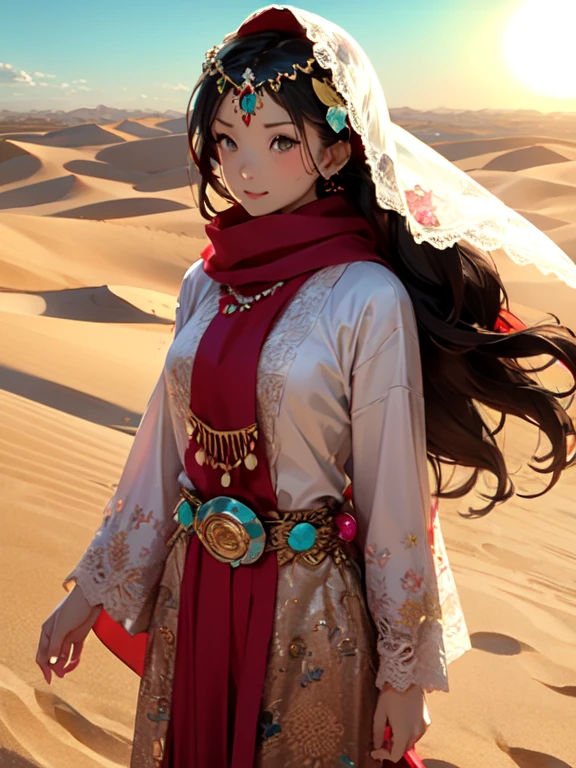 One Girl, Money色のアクセサリー, Veil, gem, Kaftans, Turbaned, (Ramparts), Circlet, 額のjewelry, Elegant robes, sand color, oasis, Long Hair, Wavy Hair, Light of the sun, Camel, Sand Dunes, Wind, mysterious, Desert flower, Coin Belt, fabric, embroidery, metallic, scarf, Turquoise, jewelry, Money, Queen, city壁, city
, (Cowboy Shot)