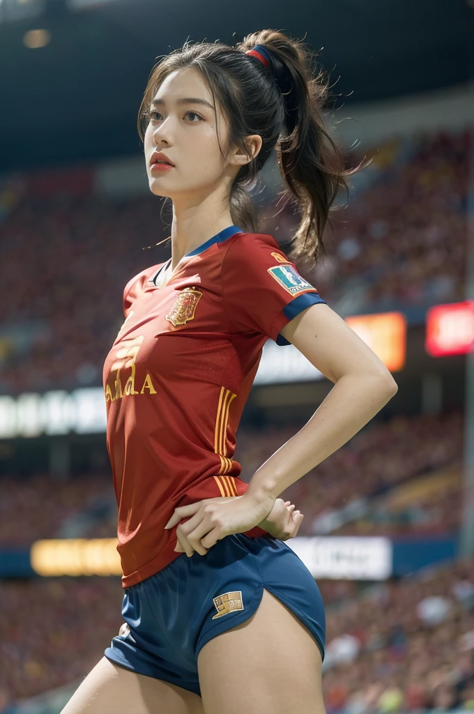 (((best quality))),(((ultra detailed))),(((masterpiece))),illustration,((1 beautiful girl,female footballer,solo)),((small breasts,flat chest)),((slim,thin)),summer night,stadium,crowded stands,enthusiastic spectators,football match,(short ponytail:1.2),(short sleeves:1.2),((Spain team kit,red shirt,blue shorts)),(slender legs:1.2),(football:1.3),fluid movements,powerful,sweat,forehead,exhaustion,passion for football,purposeful running,electric atmosphere,crowd roar,critical juncture,pressure,undeterred,floodlights,luminous glow,long shadows,drama,breathtaking sight,raw passion,unbridled energy,determination,skill,embodiment of sport's spirit,strength,resilience of human spirit,(standing:1.3),((from front,upper body))
