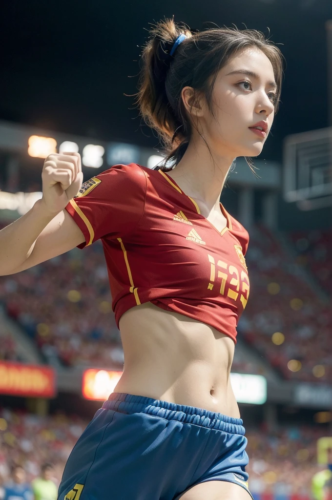 (((best quality))),(((ultra detailed))),(((masterpiece))),illustration,((1 beautiful girl,female footballer,solo)),((small breasts,flat chest)),((slim,thin)),summer night,stadium,crowded stands,enthusiastic spectators,football match,(short ponytail:1.2),(short sleeves:1.2),((Spain team kit,red shirt,blue shorts)),(slender legs:1.2),(football:1.3),fluid movements,powerful,sweat,forehead,exhaustion,passion for football,purposeful running,electric atmosphere,crowd roar,critical juncture,pressure,undeterred,floodlights,luminous glow,long shadows,drama,breathtaking sight,raw passion,unbridled energy,determination,skill,embodiment of sport's spirit,strength,resilience of human spirit,(standing:1.3),((from front,upper body))