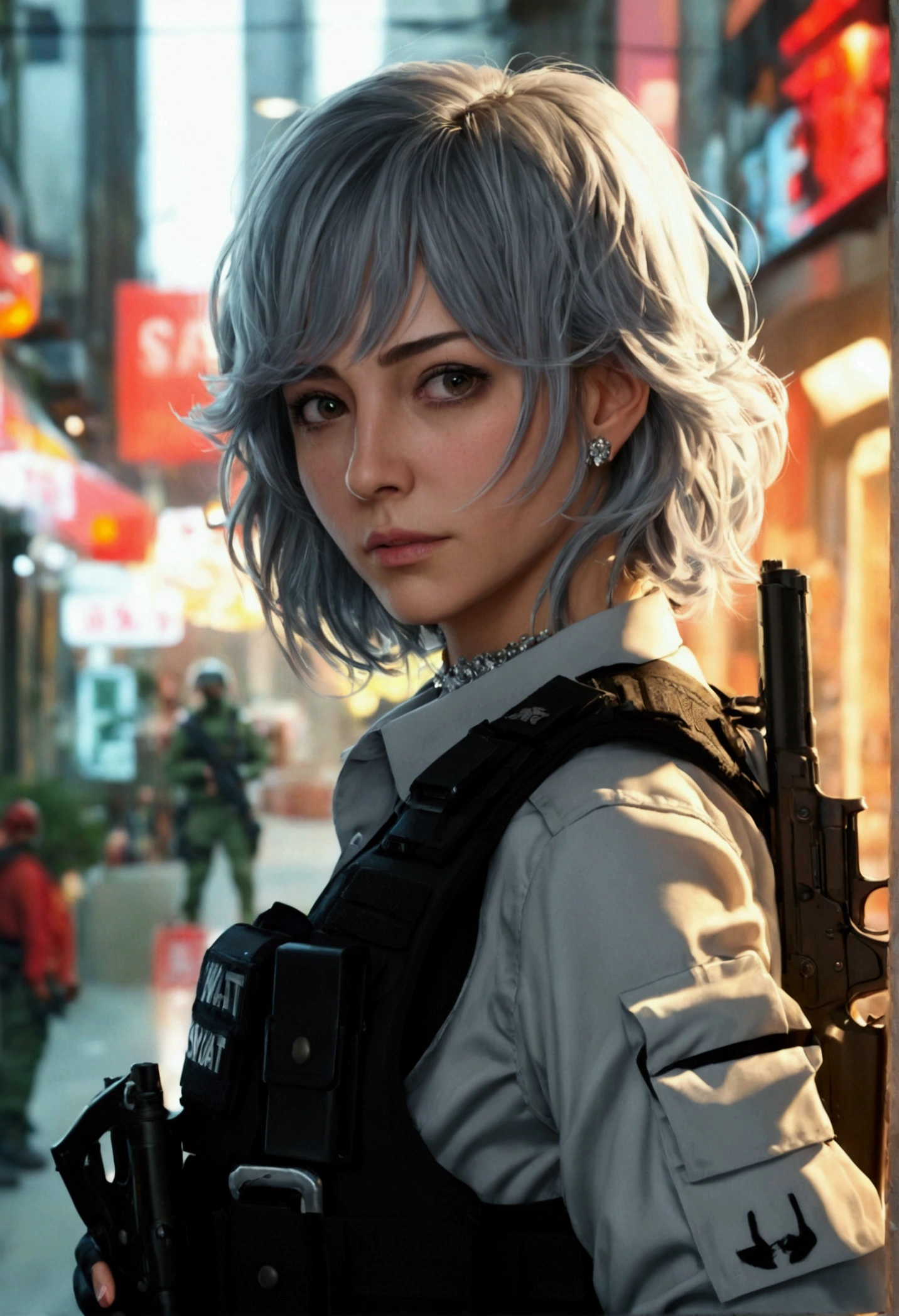 Realistic, High resolution, 1 female, alone, Hip Up, Show Viewer, (Detailed face), Gray Hair, SWAT VEST, gun, jewelry