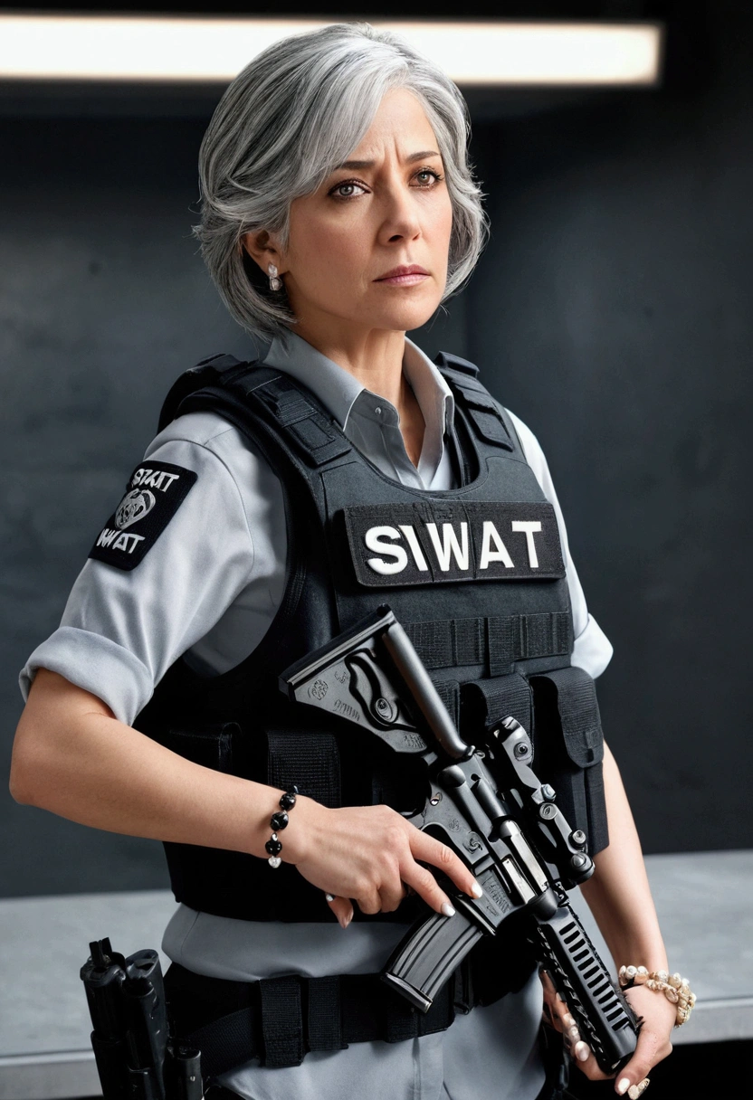 Realistic, High resolution, 1 female, alone, Hip Up, Show Viewer, (Detailed face), Gray Hair, SWAT VEST, gun, jewelry