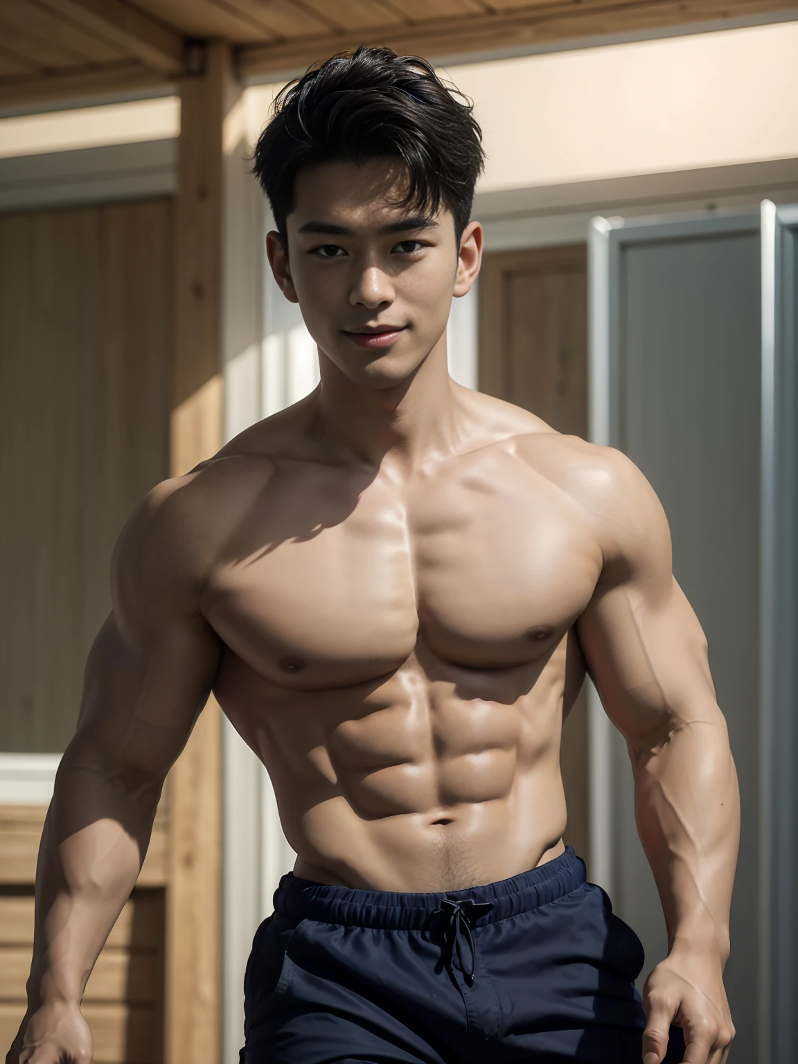 (Create a masterpiece: 1.2),(CGI art:1.3),(realistic:1.5),(After processing:1.3), (Sharp focus:1.3), 1 man, open mouth, smile, (Navy blue round neck shirt), Navy cargo pants, Korean guy , korean men, (High gloss details), chest muscles, large arm muscles, blood vessel, Big muscles, Broad shoulders, looking at the audience, Balancing the eyes, Seaside, beach, sunlight, running towards the camera
