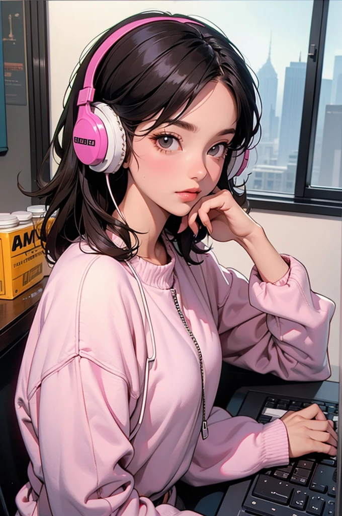 Street fashion girl Headphones LOFI Retro Stylish 1980s Inside the room coffee computer