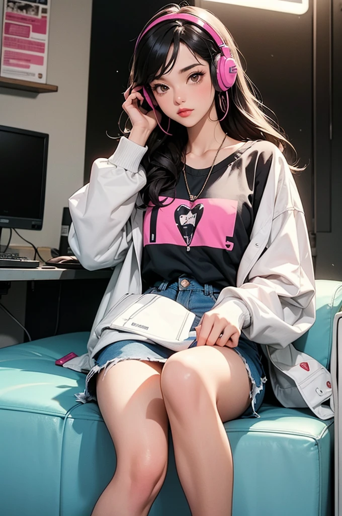 Street fashion girl Headphones LOFI Retro Stylish 1980s Inside the room coffee computer