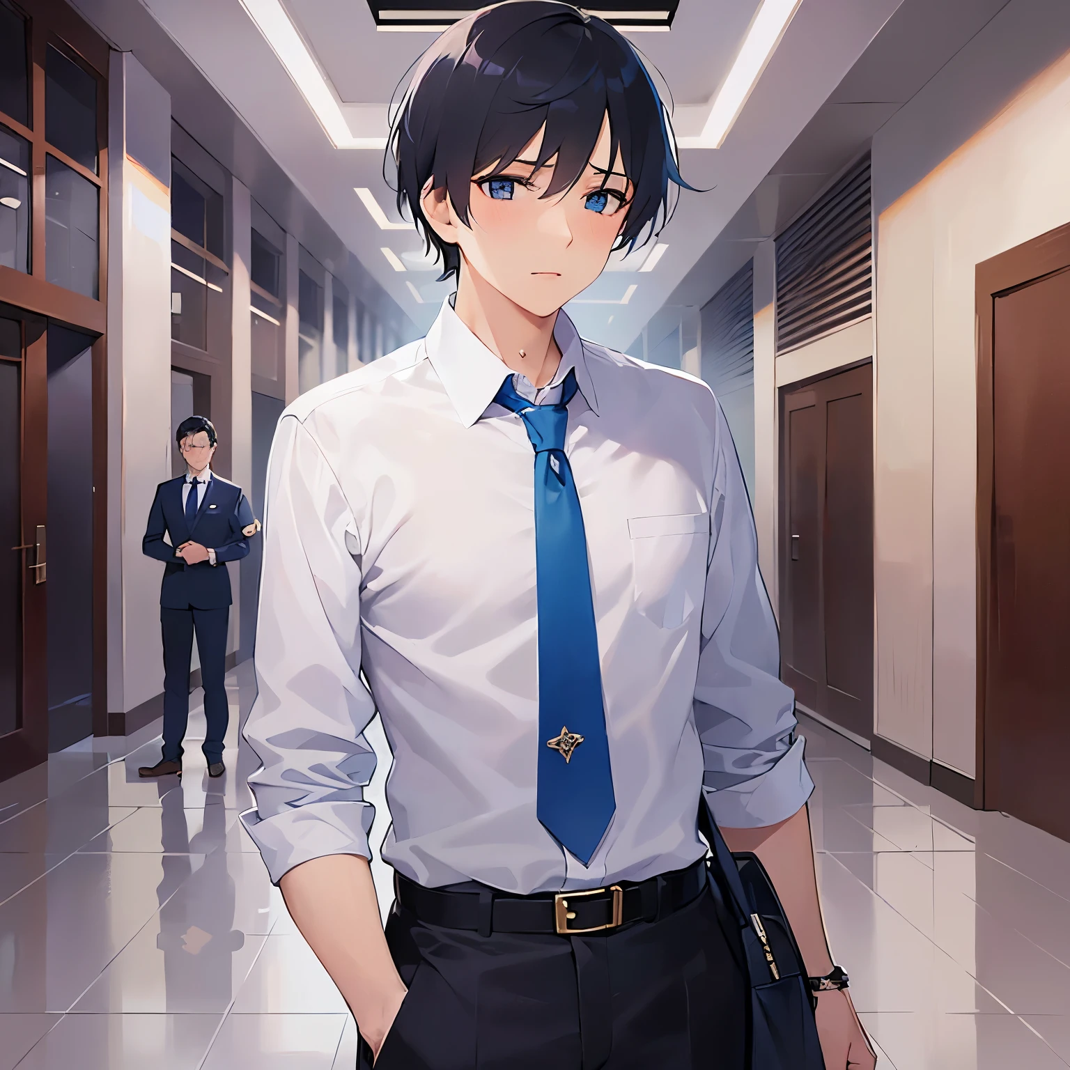 (looking away:1.5),upper body、
shiny skin, masterpiece、Highest quality、(25-year-old male:1.5) and (Black short hair) and (blue eyes)
(Wearing a suit:1.5) and (Blue tie)、
The hotel lobby in the background、(blush:1.4)、Panic