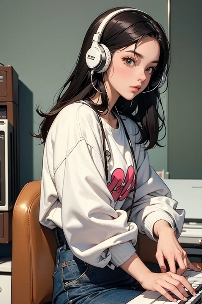 Street fashion girl Headphones LOFI Retro Stylish 1980s Inside the room coffee computer