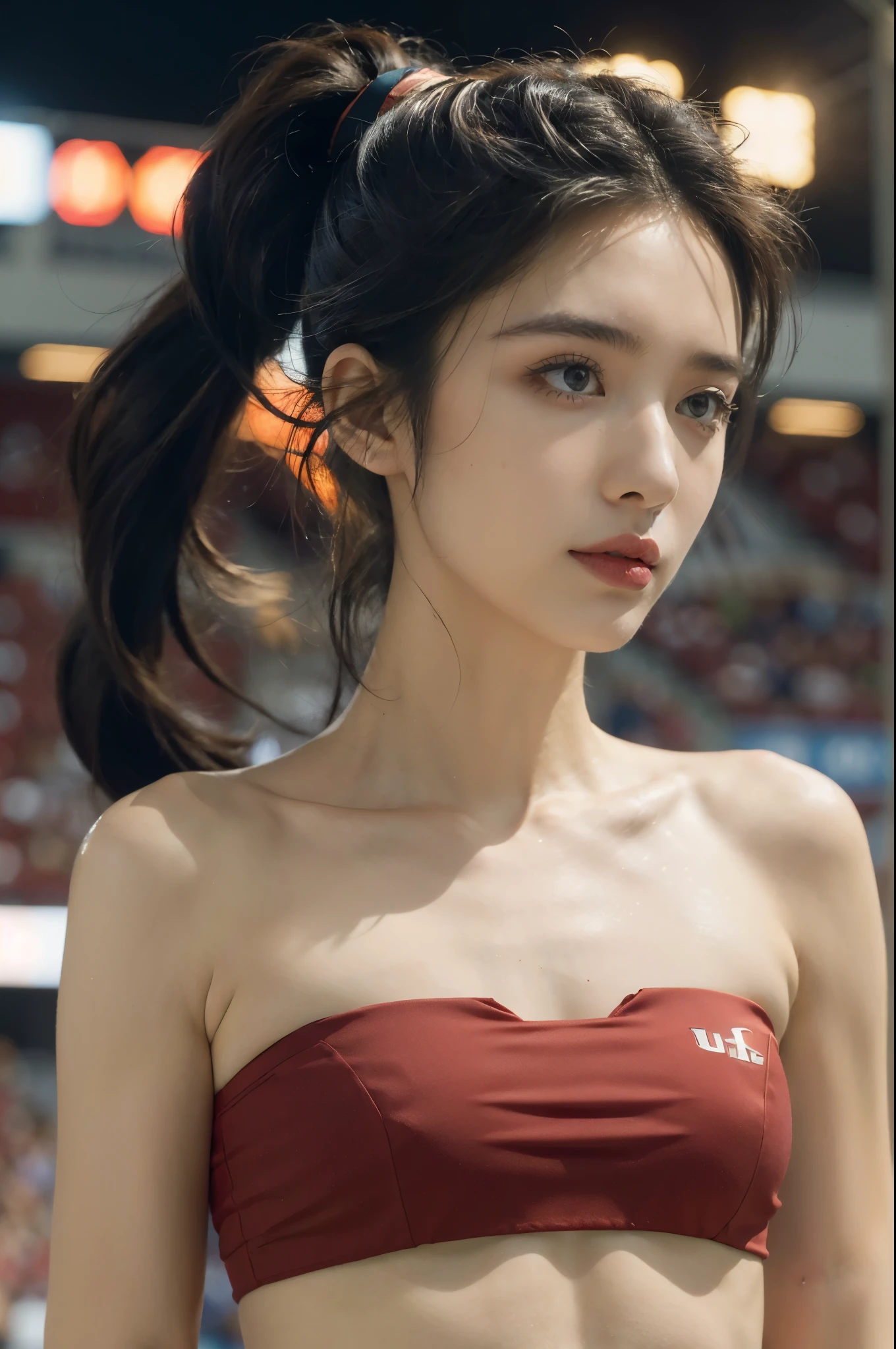 (((best quality))),(((ultra detailed))),(((masterpiece))),illustration,((1 beautiful girl,female footballer,solo)),((small breasts,flat chest)),((slim,thin)),summer night,stadium,crowded stands,enthusiastic spectators,football match,(short ponytail:1.2),((strapless red bra)),(football:1.3),fluid movements,powerful,sweat,forehead,exhaustion,passion for football,purposeful running,electric atmosphere,crowd roar,critical juncture,pressure,undeterred,floodlights,luminous glow,long shadows,drama,breathtaking sight,raw passion,unbridled energy,determination,skill,embodiment of sport's spirit,strength,resilience of human spirit,(standing:1.3),((from front,close-up of face))